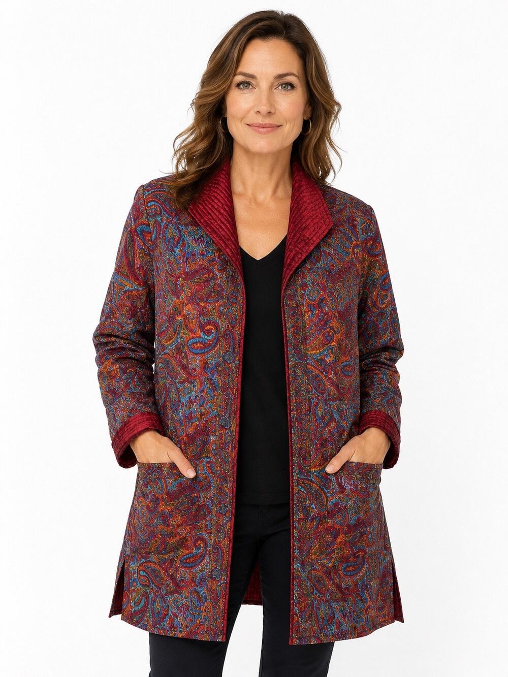 90s Reversible Burgundy Multicolor Paisley Quilted Open Front Jacket Coat M/L